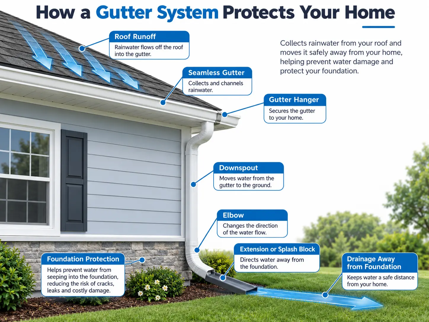 Diagram showing how a gutter system protects a home: roof runoff, seamless gutter, hanger, downspout, elbow, splash block and drainage away from the foundation