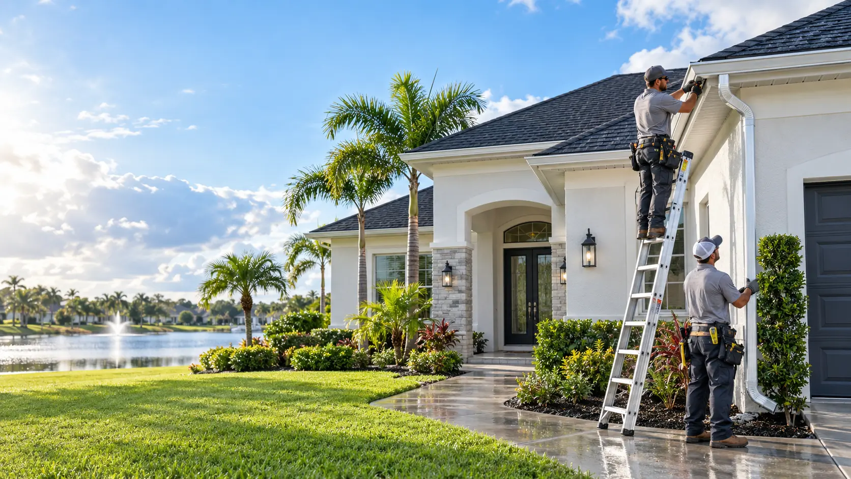 Seamless rain gutter installation in progress on a Florida home